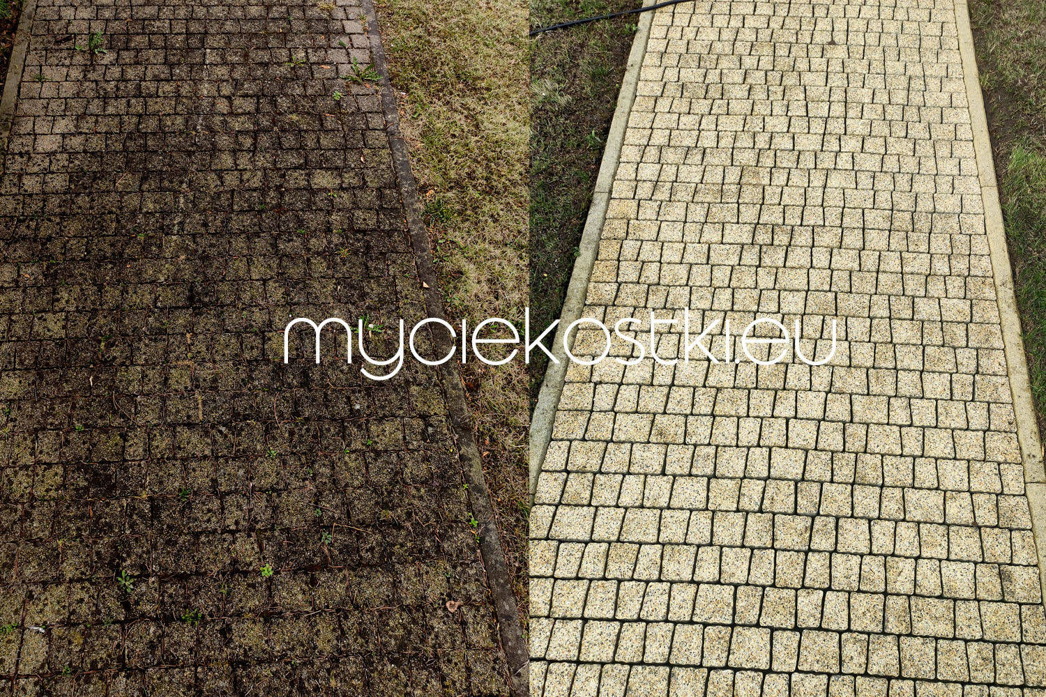Porównanie kostki brukowej przed i po czyszczeniu, widoczne znaczne usunięcie zabrudzeń i mchu, z wyraźną różnicą kolorystyczną między brudną a czystą częścią.