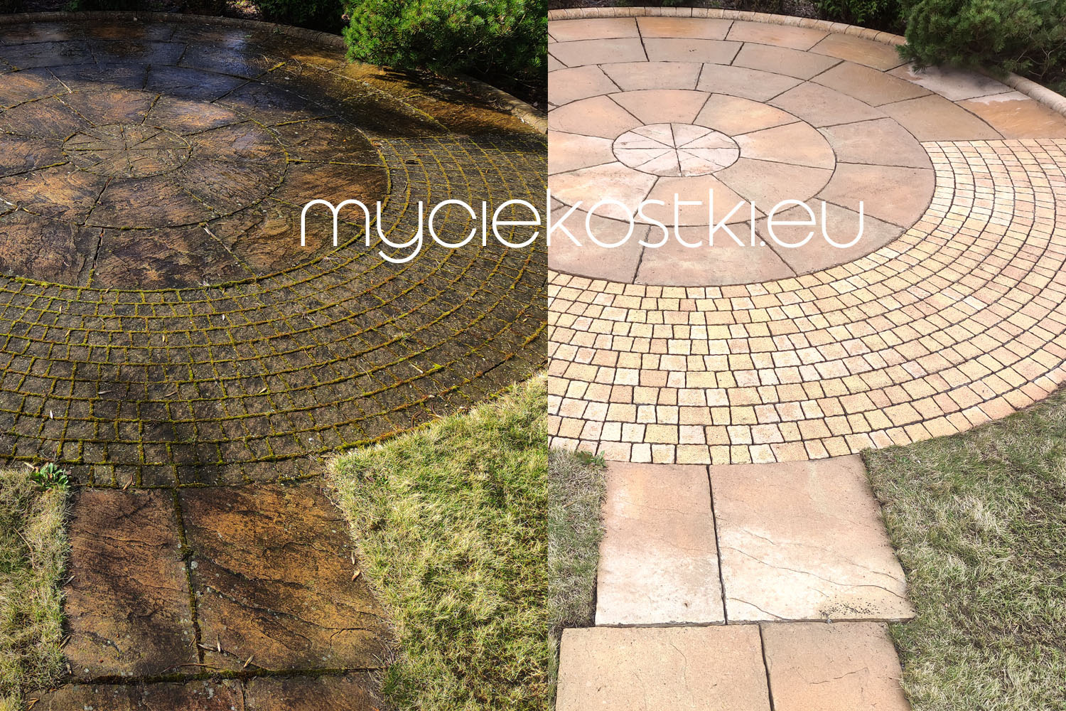 Porównanie stanu kostki brukowej przed i po czyszczeniu: połowa okrągłego patio z kostki brukowej pokryta mchem i brudem, druga połowa czysta, ukazująca jasny, beżowy kolor kostki.