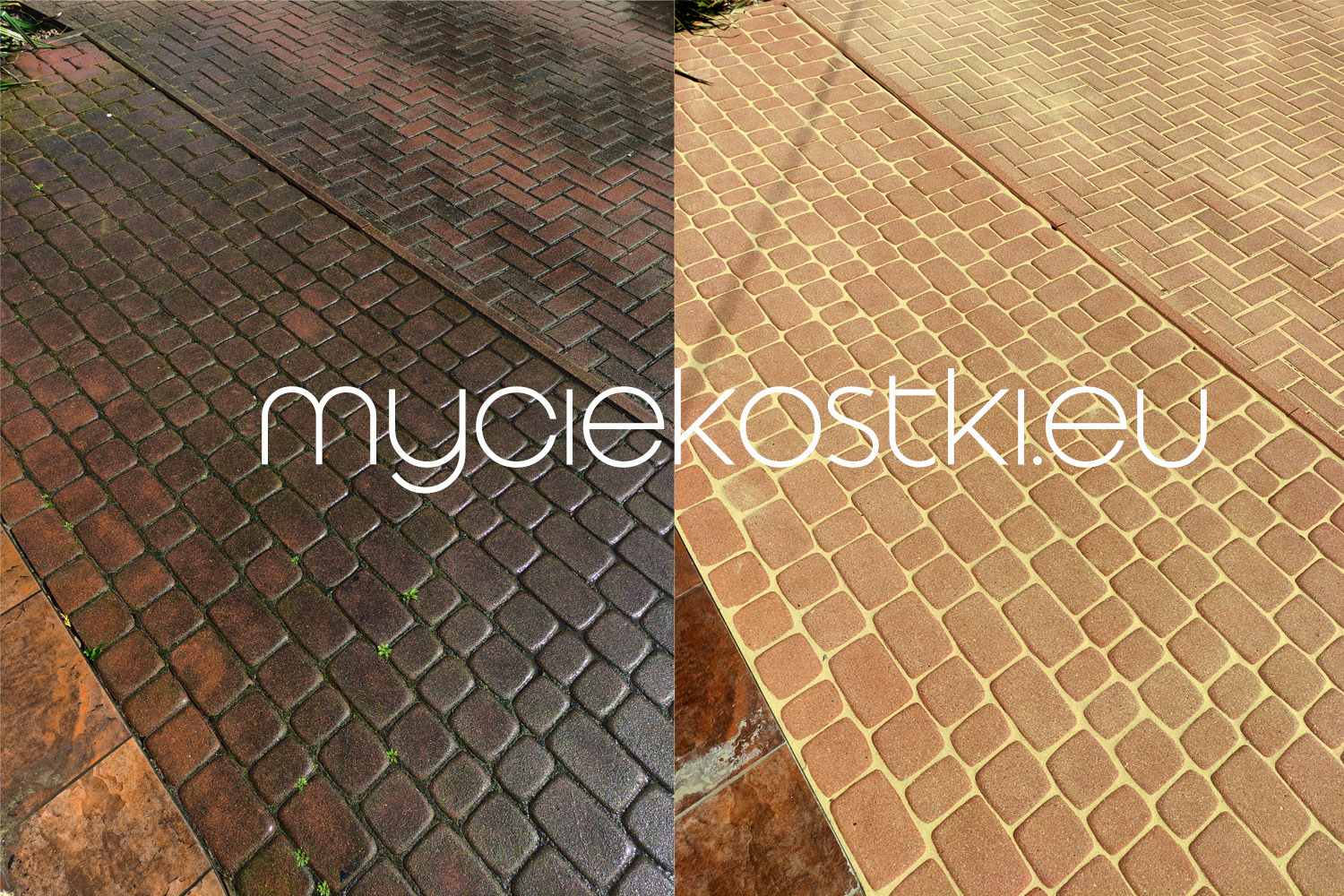 Porównanie kostki brukowej przed i po myciu: po lewej stronie ciemna, zabrudzona kostka z widocznymi chwastami, po prawej czysta, jasna kostka brukowa z wyraźnym wzorem ułożenia.