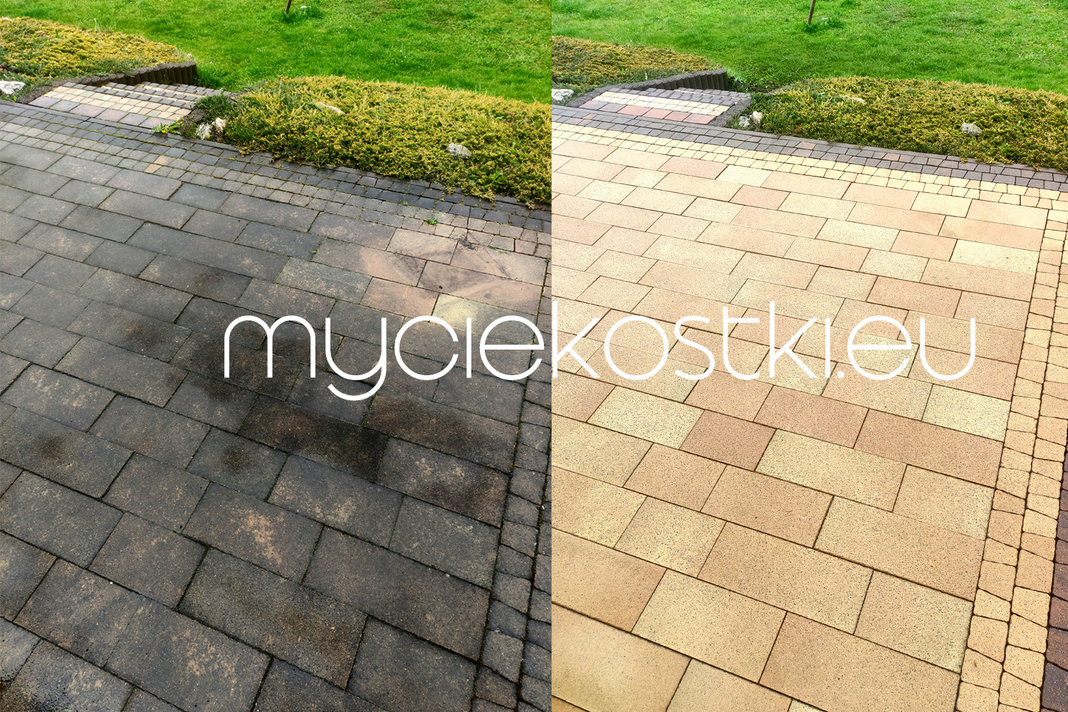 Porównanie kostki brukowej przed i po czyszczeniu, z widoczną różnicą w kolorze i usuniętych zabrudzeniach, na tle zielonego trawnika i schodów.