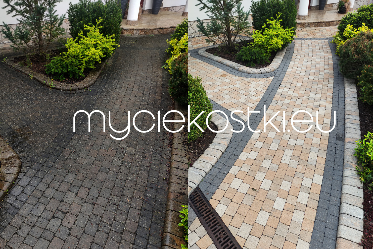 Porównanie kostki brukowej przed i po czyszczeniu, ukazujące znaczną różnicę w kolorze i wyglądzie, z widocznymi roślinami i elementami architektury ogrodowej.
