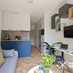 Meble New Design - Wnętrze małego mieszkania z aneksem kuchennym: niebieskie szafki dolne, białe górne, szary blat, drewniana podłoga w jodełkę, szara sofa z poduszkami, białe biurko z laptopem i drewnianą figurką...
