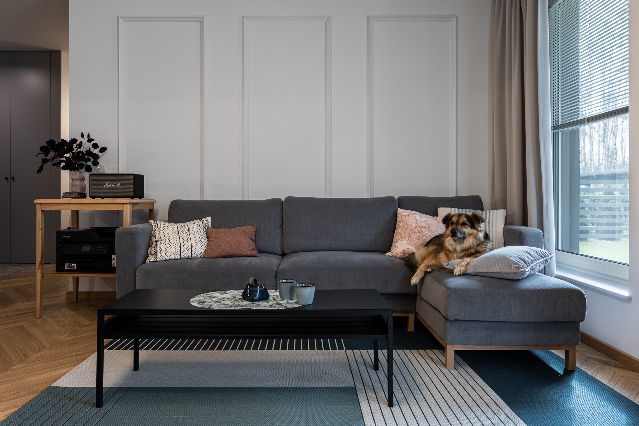 Szary narożnik z poduszkami i psem w salonie z panelami ściennymi, stolikiem kawowym i dywanem w geometryczne wzory.