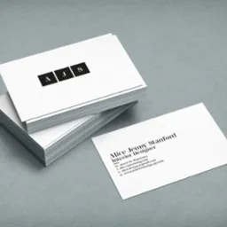 Stos wizytówek z minimalistycznym projektem logo 'AJS' w czarnych kwadratach, obok pojedyncza wizytówka z danymi projektantki wnętrz Alice Jenny Stanford, na szarym tle.