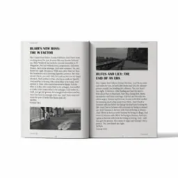 Czarno-białe zdjęcie otwartej książki z artykułami plotkarskimi i zdjęciami panoramy miasta nad rzeką.