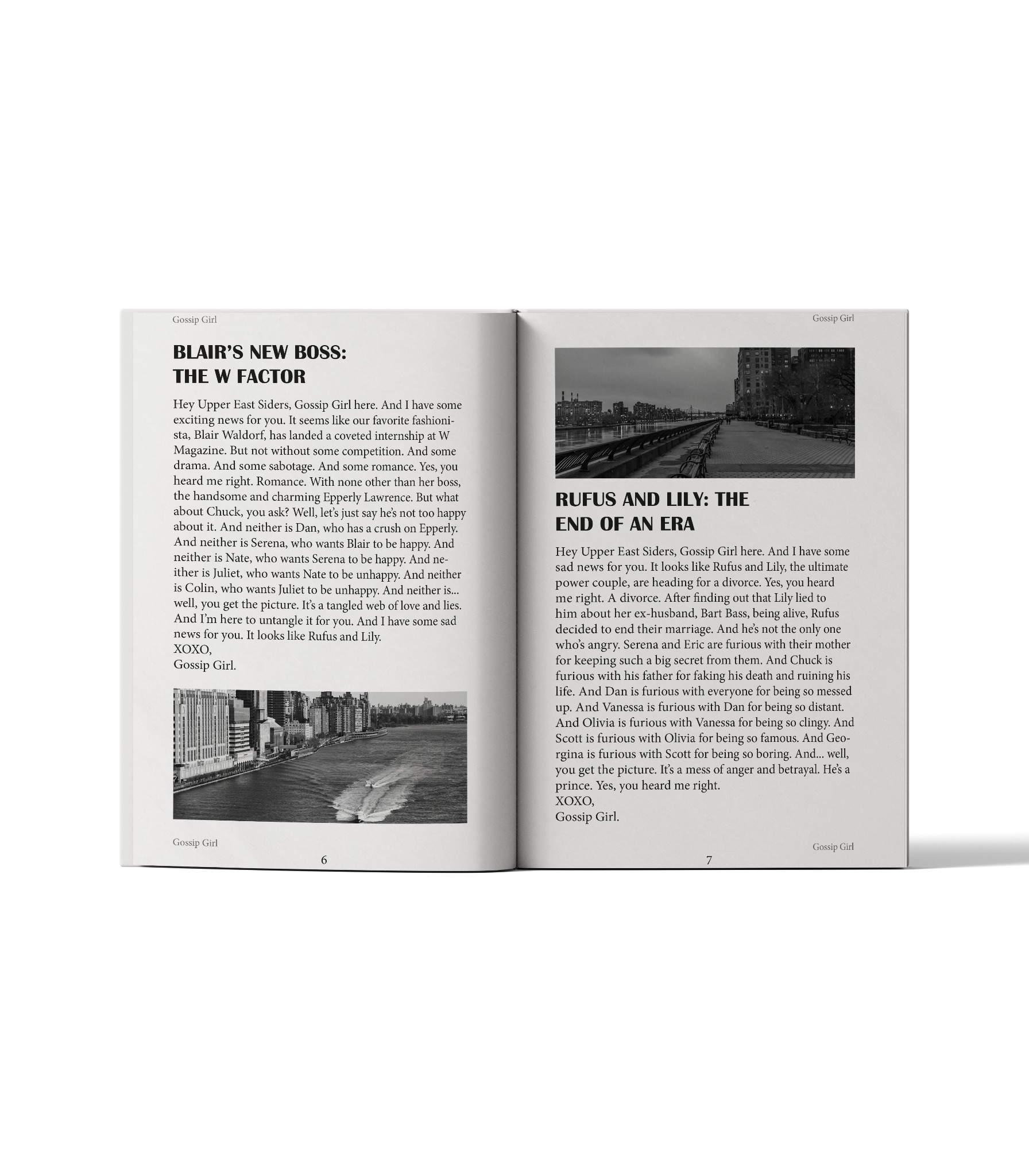 Czarno-białe zdjęcie otwartej książki z artykułami plotkarskimi i zdjęciami panoramy miasta nad rzeką.