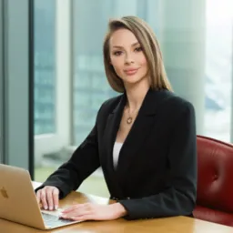 Profesjonalny portret kobiety w czarnym żakiecie pracującej na laptopie w nowoczesnym biurze z widokiem na miasto.