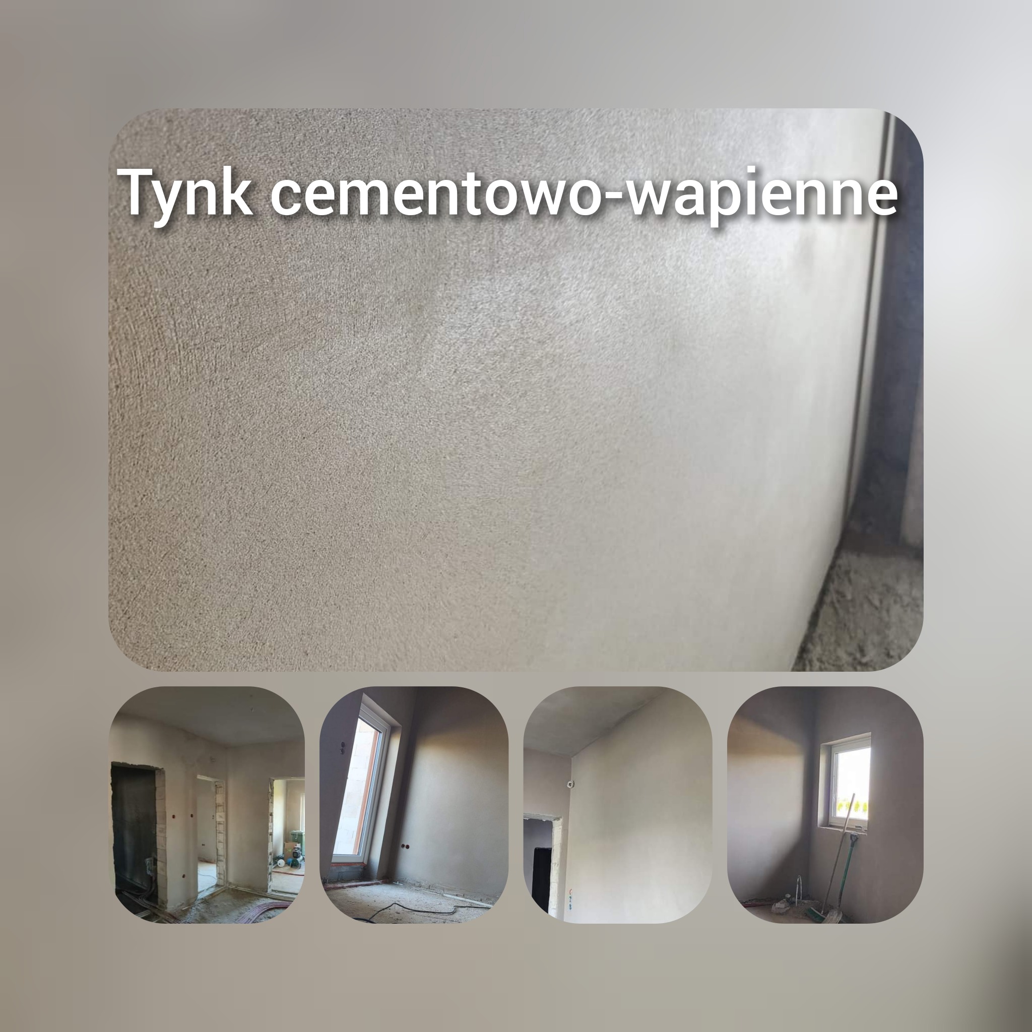 Świeżo nałożony tynk cementowo-wapienny na ścianie w surowym wnętrzu, widoczne ślady po narzędziach, małe okna w tle, pomieszczenie w trakcie wykańczania.