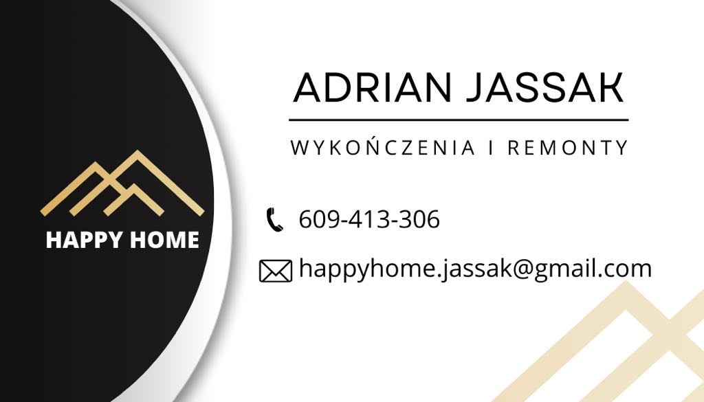 Wizytówka firmy Adrian Jassak, oferującej wykończenia i remonty. Minimalistyczny design z logo Happy Home, numerem telefonu i adresem e-mail.
