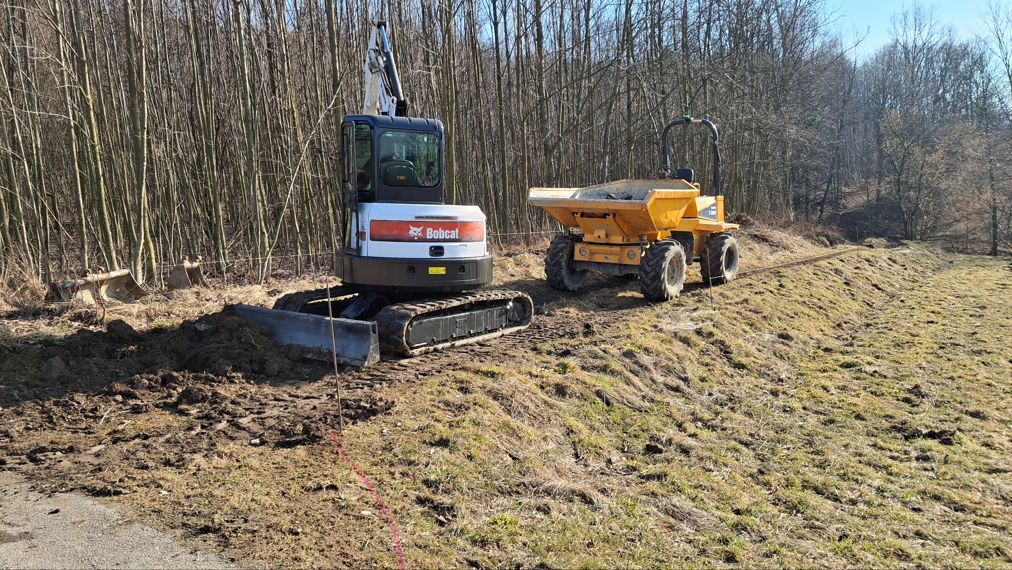 Mini koparka Bobcat i wywrotka na terenie budowy, widoczne świeżo przekopana ziemia i wyznaczone granice terenu, w tle drzewa bez liści.