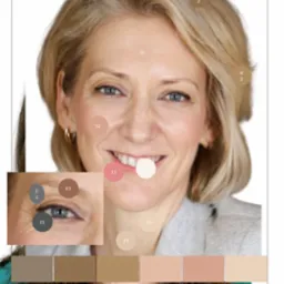 Portret dojrzałej kobiety z blond włosami, analiza kolorystyczna skóry i oczu, z paletą barw dopasowanych do jej karnacji.