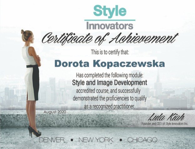Certyfikat ukończenia kursu Style and Image Development dla Doroty Kopaczewskiej, wydany przez Style Innovators.