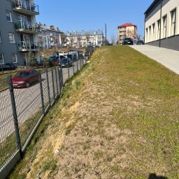 Usługi Brukarsko-Ogrodzeniowe UZBUD Marcin Guz - Nowoczesne ogrodzenie panelowe z metalu, oddzielające chodnik od terenu zielonego. W tle budynki mieszkalne i szkoła w słoneczny dzień.