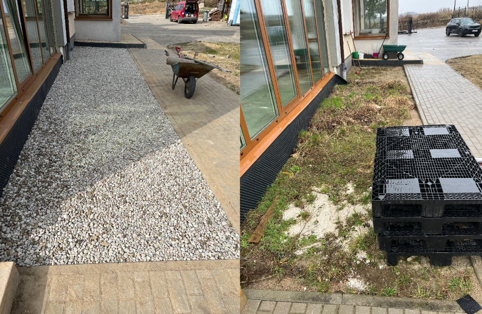 Porównanie: obszar z wysypanym białym żwirem obok budynku i ten sam obszar przed wysypaniem, z widoczną ziemią i paletami. Widoczne okna budynku i chodnik z kostki.