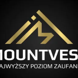 Złote logo Mountvest na czarnym tle z hasłem 'Najwyższy poziom zaufania' poniżej nazwy firmy.