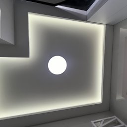 Jakub Solecki - Podwieszany sufit z oświetleniem LED w kształcie kwadratu z okrągłym punktem świetlnym pośrodku. Nowoczesny design, białe wykończenie, widok z dołu.