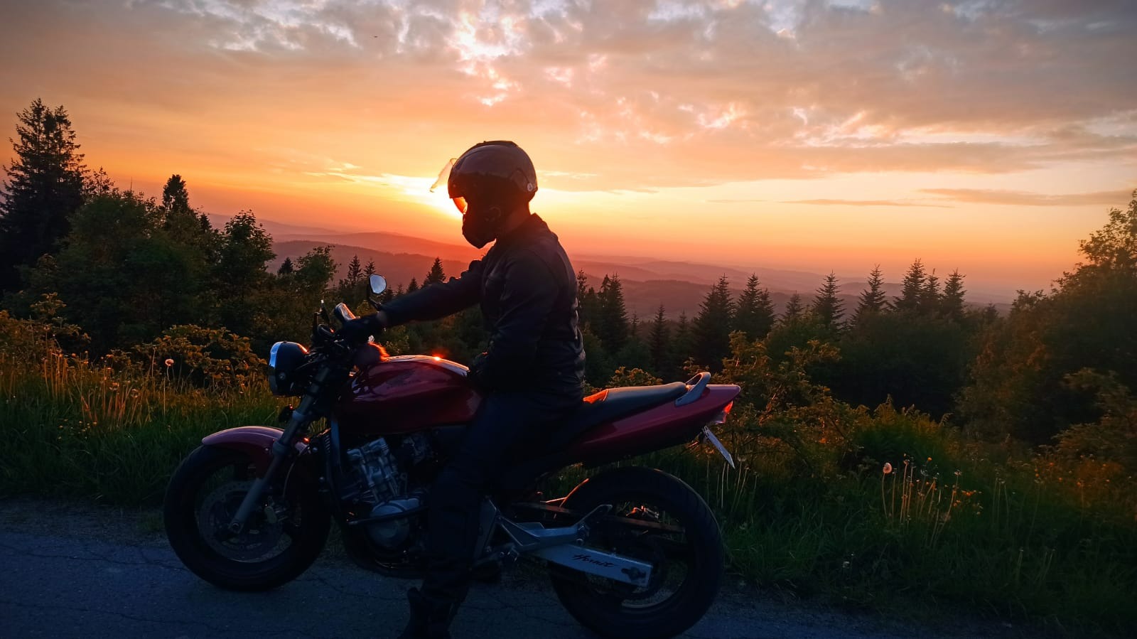 Motocyklista w kasku siedzi na czerwonym motocyklu na tle zachodzącego słońca nad zalesionymi wzgórzami. Widoczne drzewa iglaste i liściaste, trawa i asfaltowa droga.