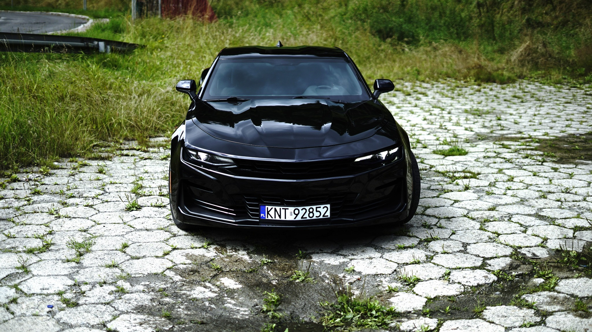 Czarny samochód sportowy Camaro z polską tablicą rejestracyjną KNT 92852, sfotografowany z przodu na tle trawy i betonowej nawierzchni z roślinnością.