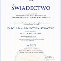 Licencja pośrednika PFRN (Polska Federacja  Rynku Nieruchomości) numer 26571
