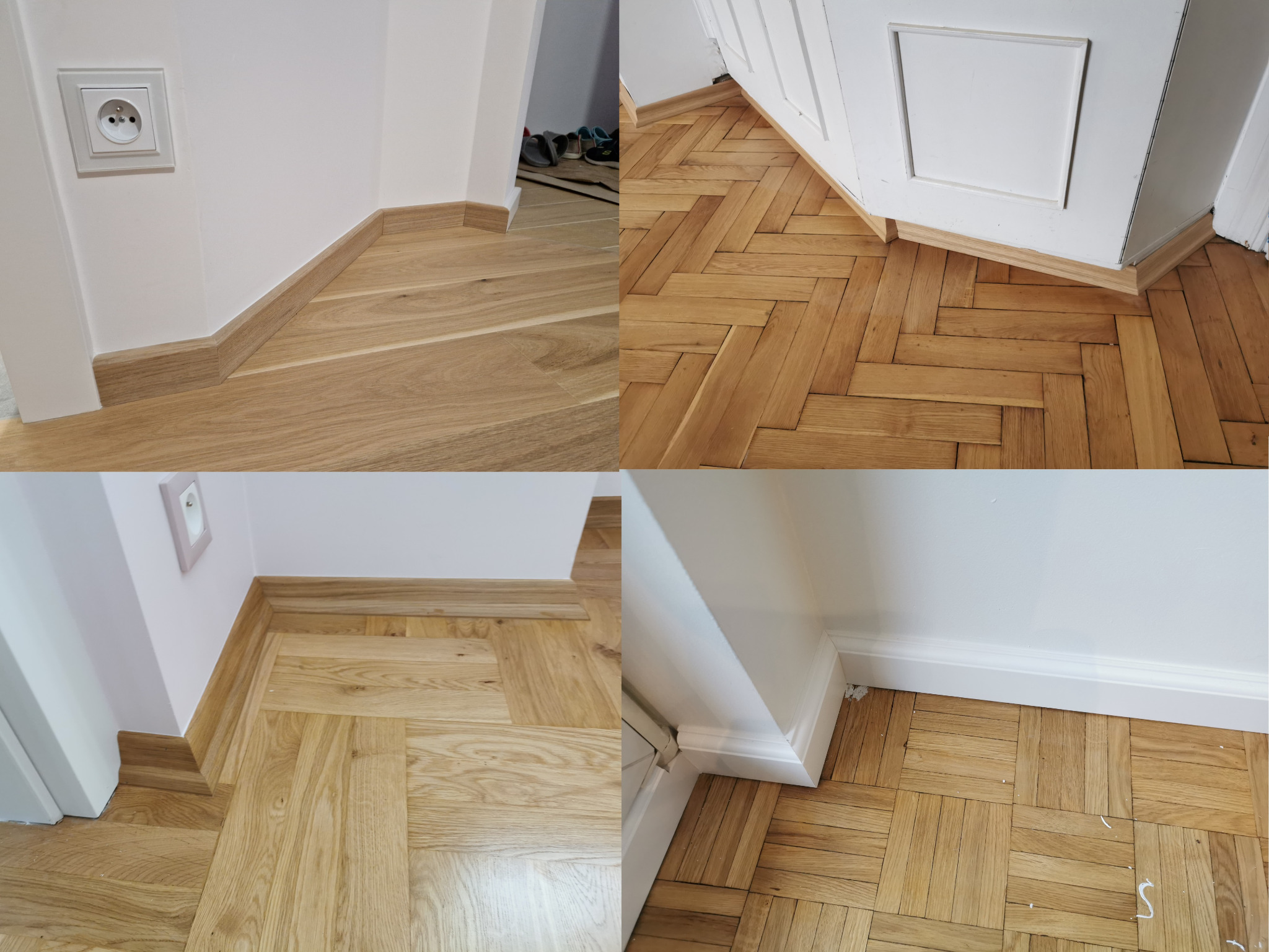 Zbliżenie na ułożoną parkietową podłogę w jodełkę z drewnianymi listwami przypodłogowymi przy ścianach i futrynach drzwiowych, widoczne gniazdko elektryczne.