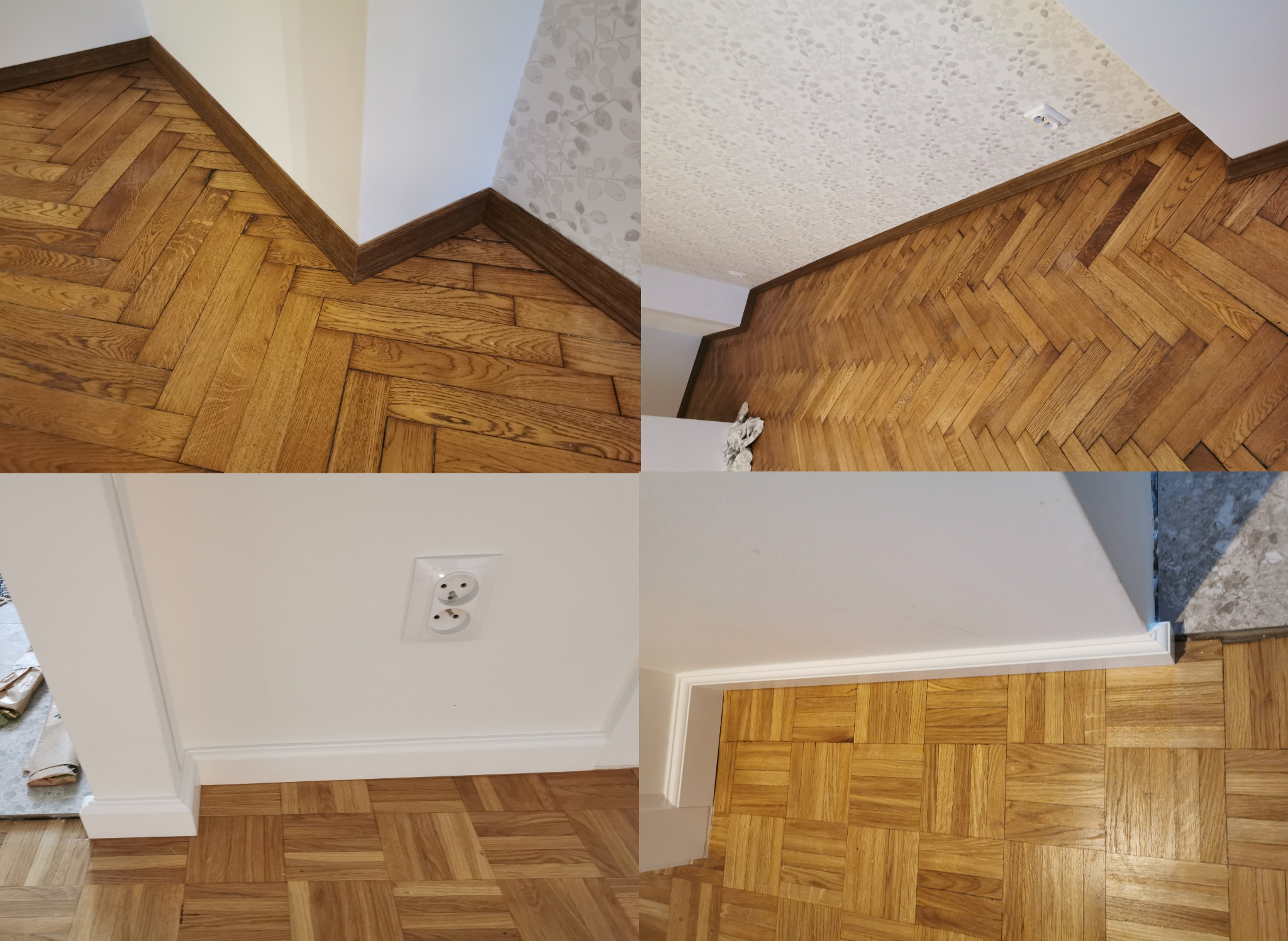 Fragmenty podłogi w jodełkę w różnych ujęciach, z widocznymi listwami przypodłogowymi i gniazdkiem elektrycznym na białej ścianie.