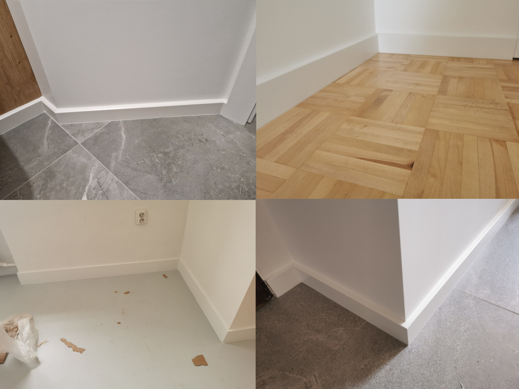 Kompozycja czterech ujęć: montaż białych listew przypodłogowych na różnych rodzajach podłóg - parkiet, szare płytki, jasnoszara wylewka z resztkami po montażu.