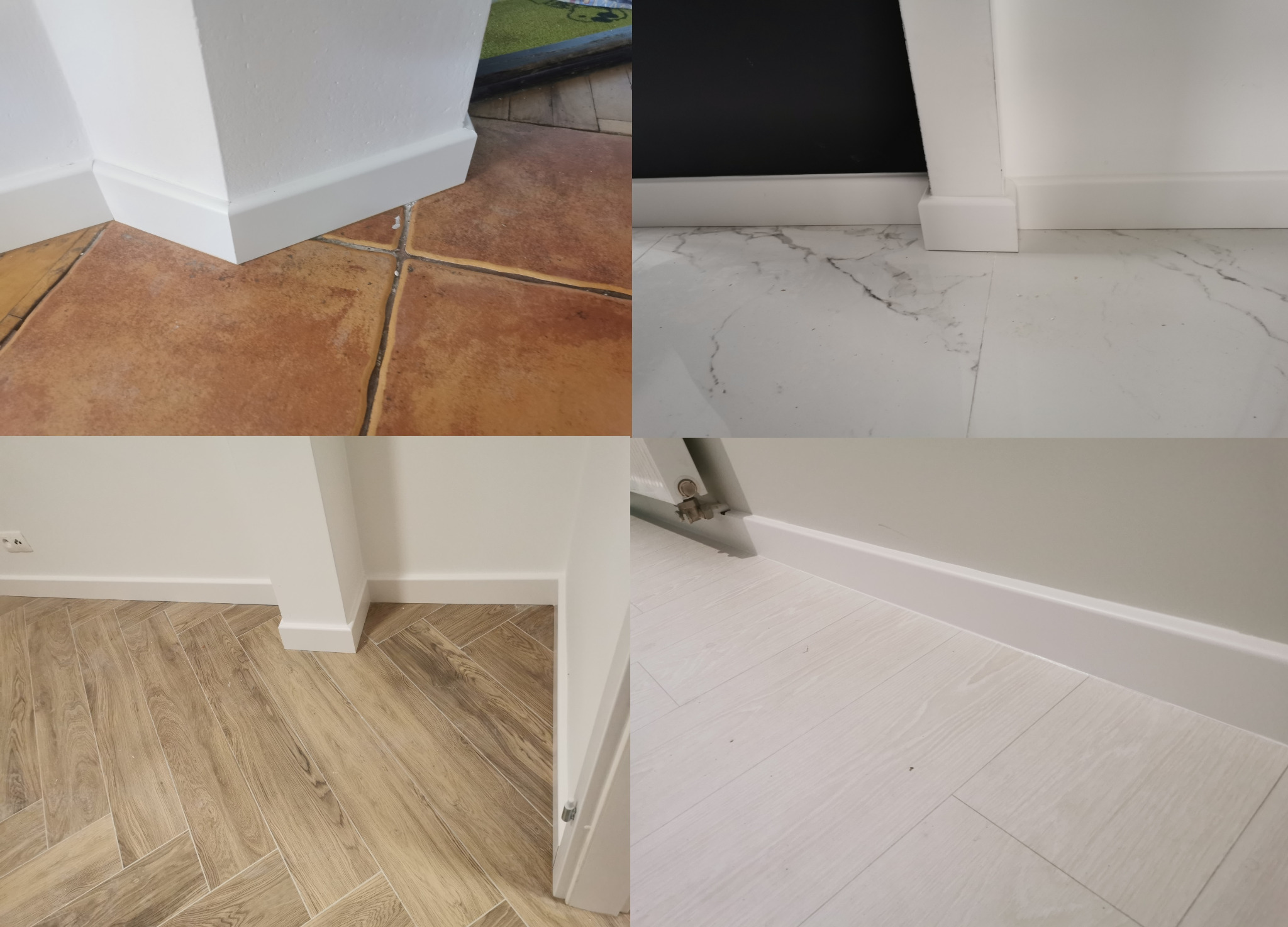 Kompozycja czterech zbliżeń na zamontowane białe listwy przypodłogowe w różnych pomieszczeniach, ukazujących różnorodność podłóg: terakota, marmur, panele ułożone w jodełkę i panele imitujące drewno.