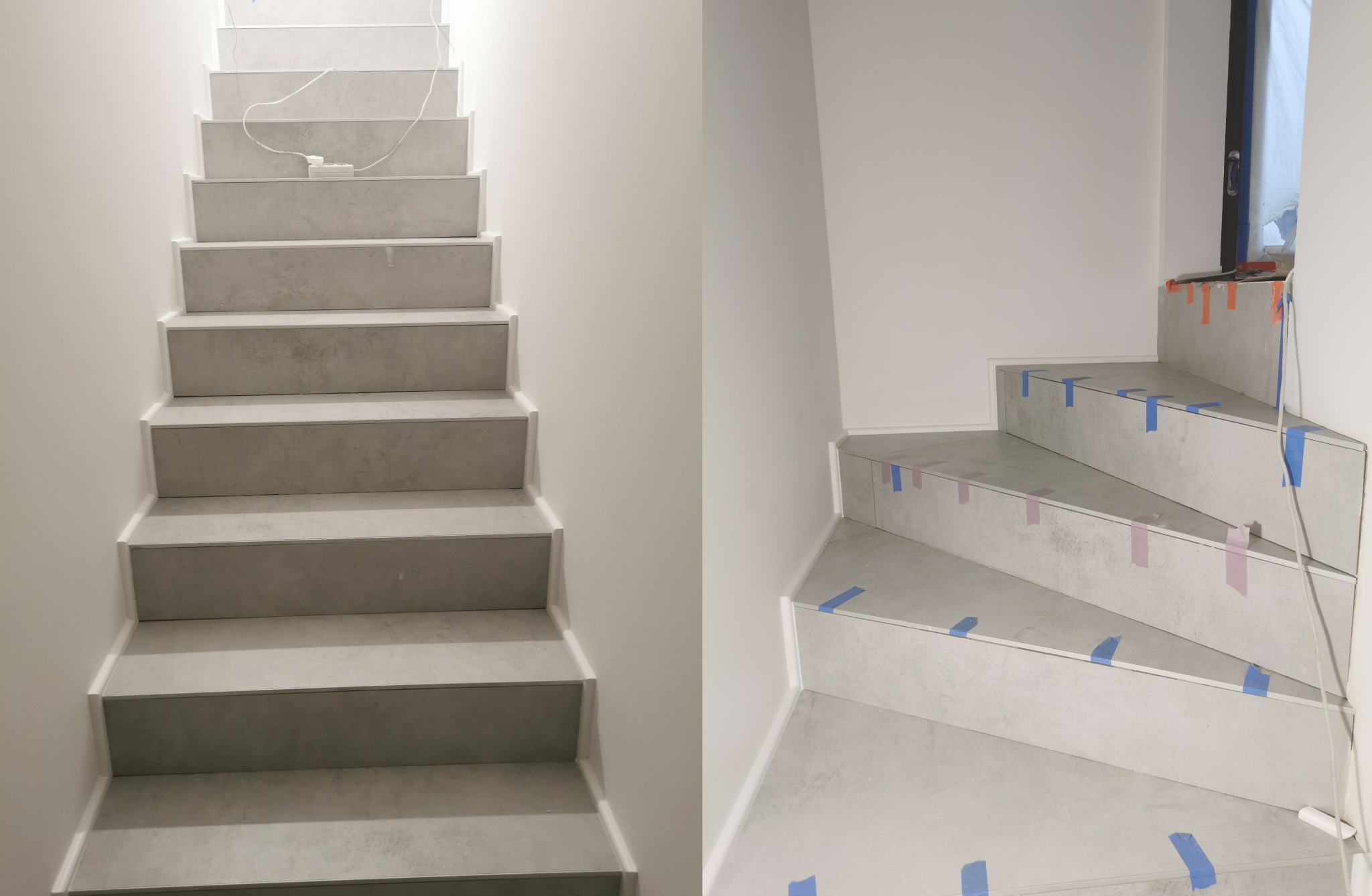 Schody wyłożone szarymi płytkami, zabezpieczone taśmą malarską w kolorze niebieskim i różowym, widoczne gniazdko elektryczne i przewody na schodach, prace w toku.
