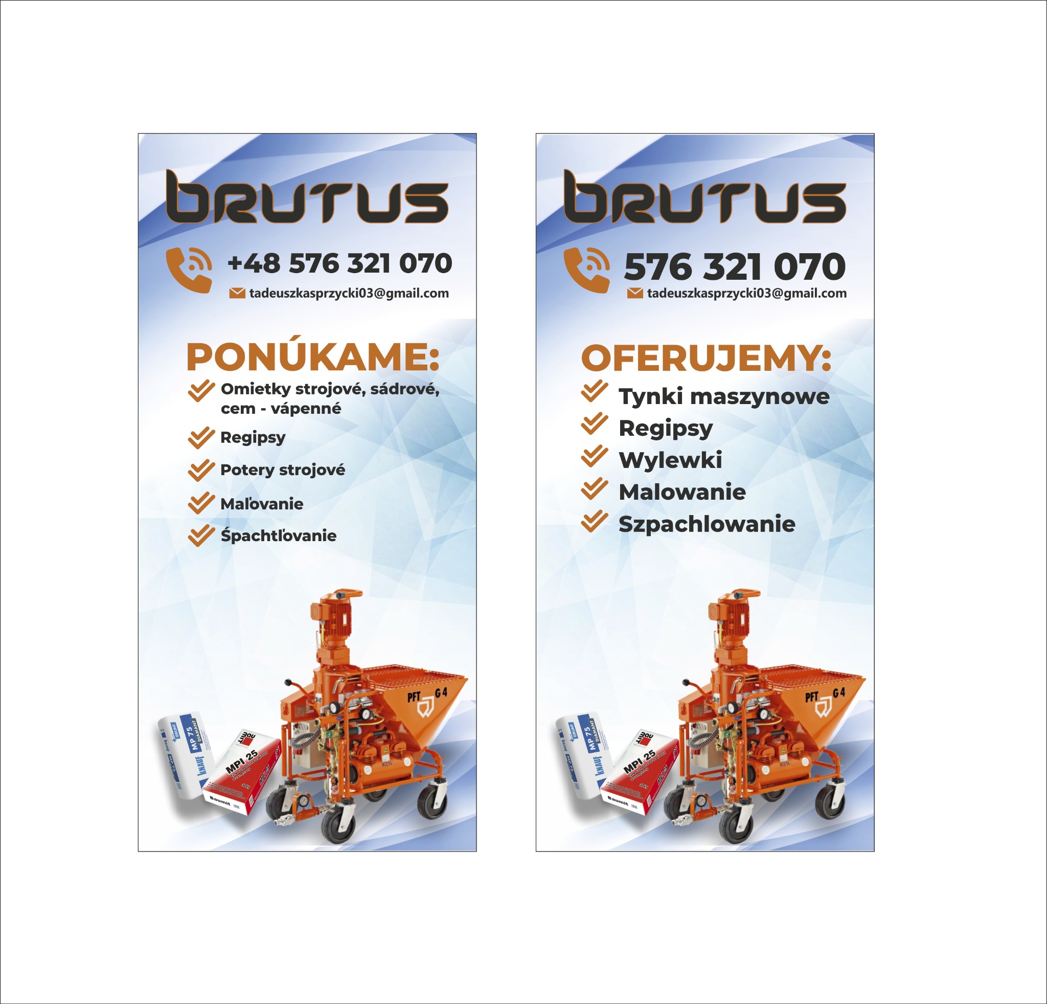 Ulotka reklamowa firmy Brutus oferującej między innymi tynki maszynowe, z maszyną do tynkowania PFT G4 i workami Knauf MP 75 oraz Baumit MPI 25.