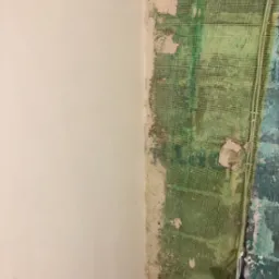 Fragment ściany z nałożoną siatką wzmacniającą i częściowo położonym gładkim tynkiem, widoczny kabel elektryczny z pomarańczową złączką.