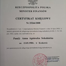 Certyfikat księgowy wydany przez Ministra Finansów uprawniający do usługowego prowadzenia ksiąg rachunkowych