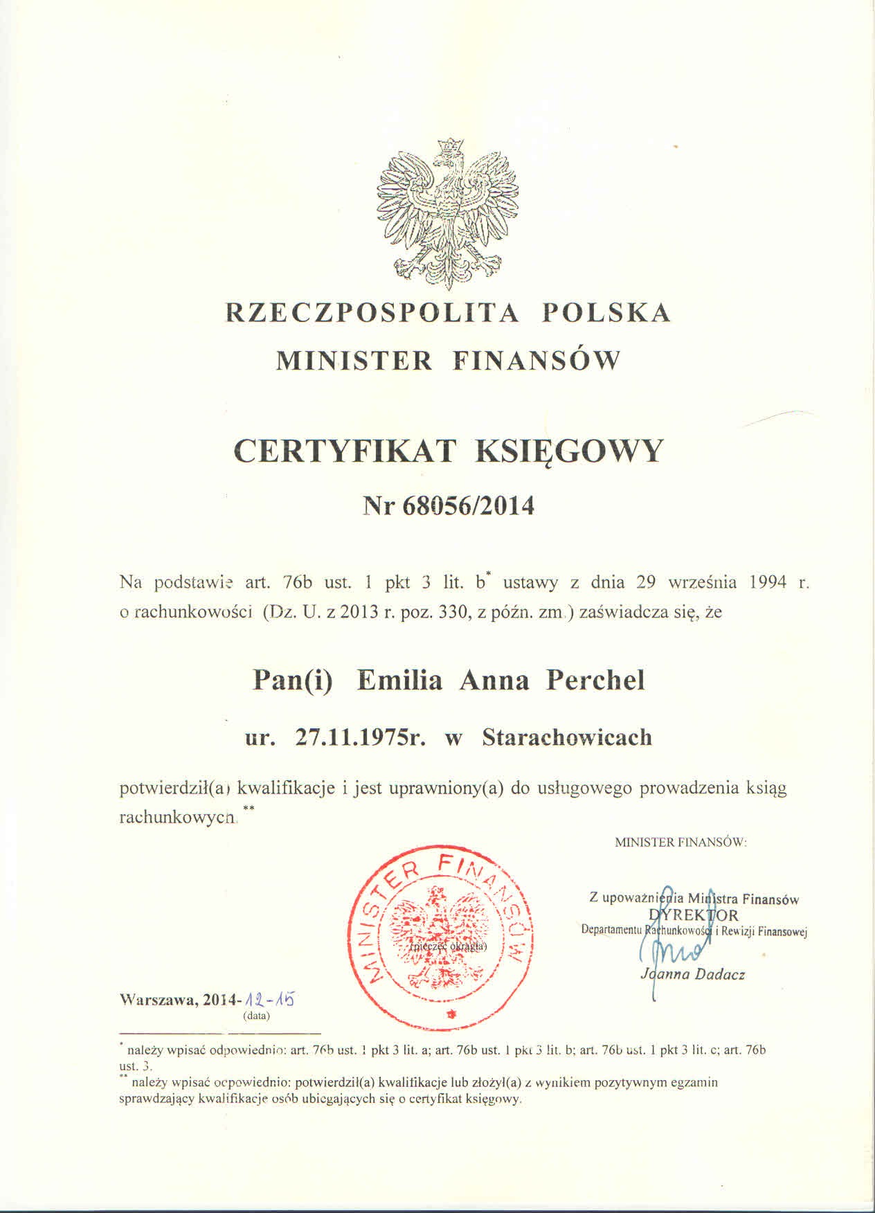 Certyfikat księgowy wydany przez Ministra Finansów uprawniający do usługowego prowadzenia ksiąg rachunkowych