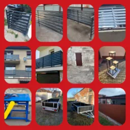 Kompozycja zdjęć przedstawiająca różnorodne wyroby metalowe: ażurową konstrukcję, metalowe balustrady balkonowe w różnych stylach, metalowe kwietniki, piłę stołową do metalu oraz przyczepki...