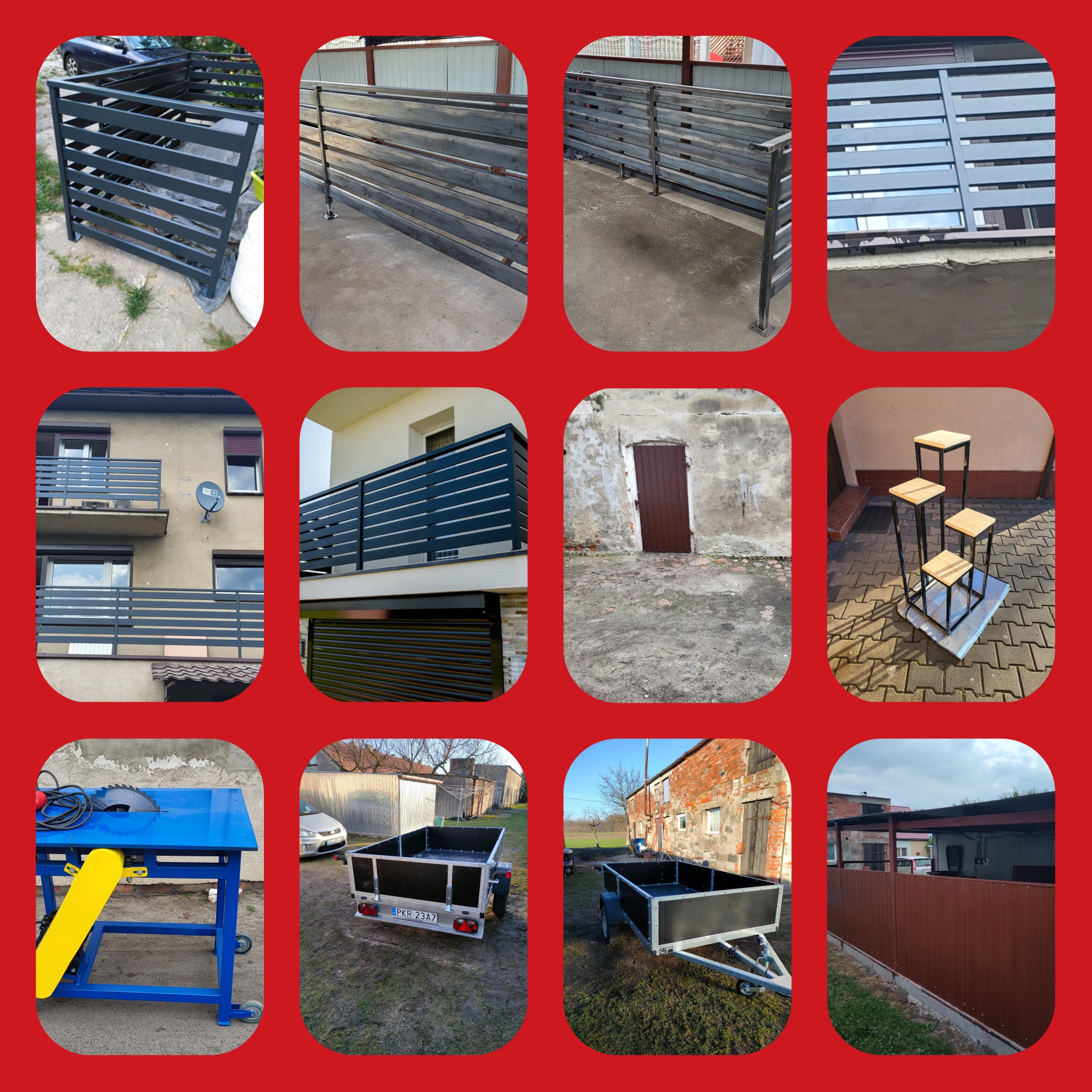 Kompozycja zdjęć przedstawiająca różnorodne wyroby metalowe: ażurową konstrukcję, metalowe balustrady balkonowe w różnych stylach, metalowe kwietniki, piłę stołową do metalu oraz przyczepki...