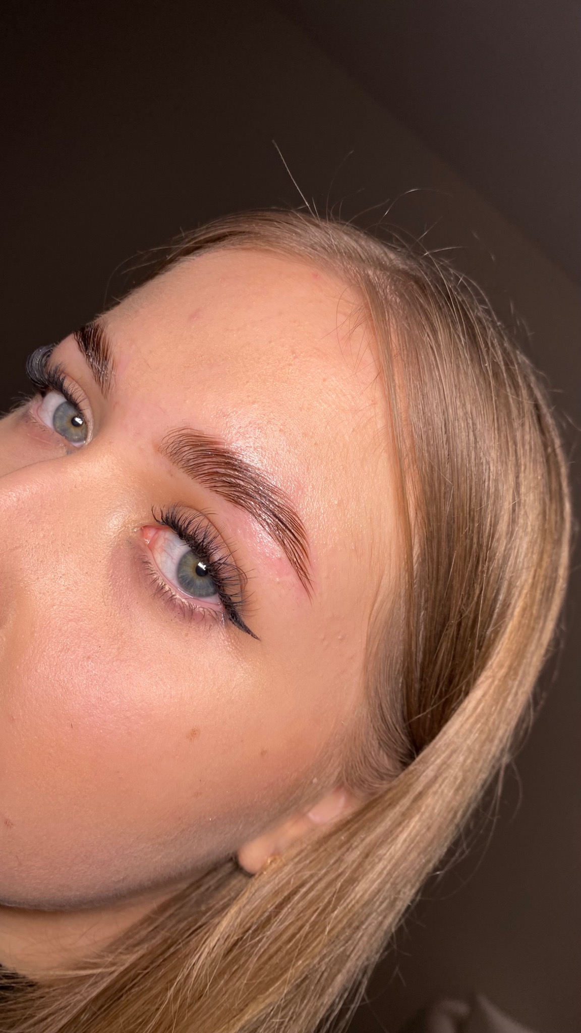 Zbliżenie na kobiecą twarz z wyraźnie wystylizowanymi brwiami o brązowym odcieniu i delikatnym makijażem oczu.