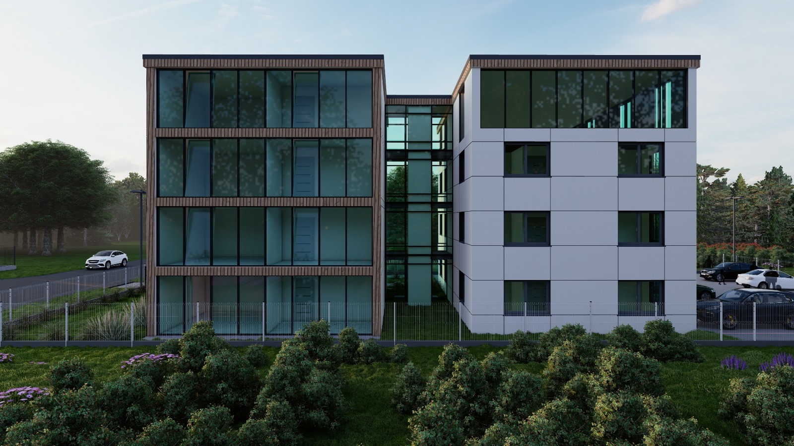 Wizualizacja zewnętrzna trzypiętrowego budynku biurowego o nowoczesnej architekturze, z elementami drewna i dużymi przeszkleniami, otoczonego zielenią i ogrodzeniem.