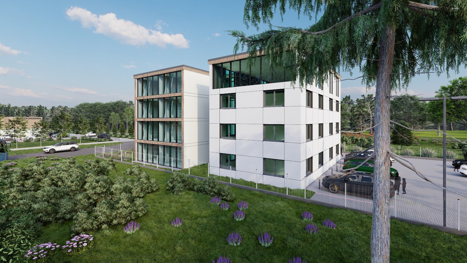 Wizualizacja dwóch trzypiętrowych domów modułowych z białymi panelami elewacyjnymi i dużymi oknami, otoczonych zielenią, z parkingiem i samochodami w tle, prezentująca nowoczesny design...