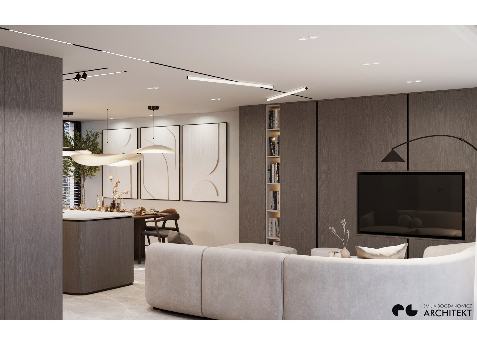 Nowoczesne wnętrze domu z otwartą kuchnią, jadalnią i salonem, z drewnianymi panelami ściennymi, designerskim oświetleniem i elementami dekoracyjnymi.