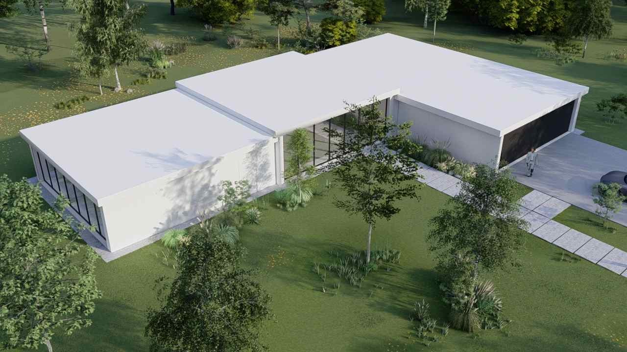 Wizualizacja nowoczesnego parterowego domu z płaskim dachem, dużymi oknami i zadbanym ogrodem, widziana z lotu ptaka, z osobą idącą w kierunku garażu.