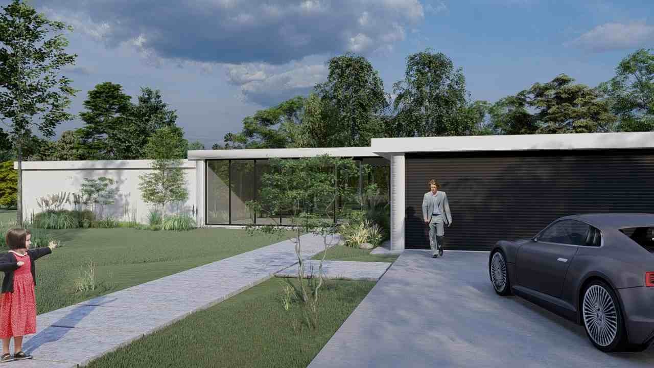 Wizualizacja nowoczesnego, parterowego domu z płaskim dachem, dużymi przeszkleniami i garażem z bramą rolowaną, z eleganckim samochodem sportowym zaparkowanym obok i człowiekiem w garniturze...