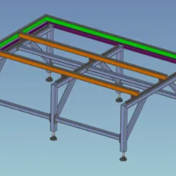 Wizualizacja 3D ramy stalowej stołu z regulowanymi nóżkami, z elementami w kolorze zielonym, fioletowym i pomarańczowym, na jednolitym niebieskim tle.