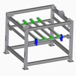 Model 3D stalowej ramy konstrukcyjnej z elementami w kolorze niebieskim i zielonym, widok z perspektywy.