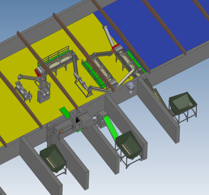 Wizualizacja 3D hali przemysłowej z linią produkcyjną, przedstawiająca rozmieszczenie maszyn, podajników i zbiorników w hali o żółto-niebieskiej kolorystyce podłogi.
