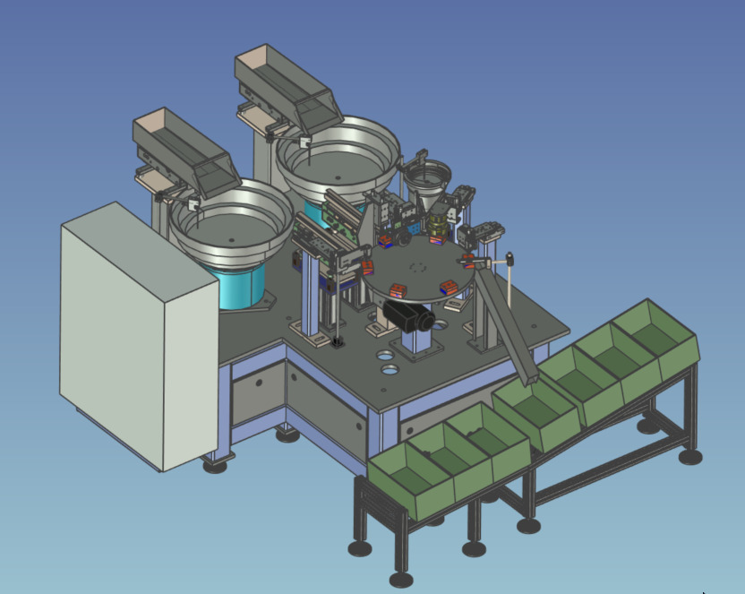 Model 3D automatycznej linii produkcyjnej z podajnikami wibracyjnymi, obrotowym stołem i systemem wizyjnym kontroli jakości, prezentowany na niebieskim tle.