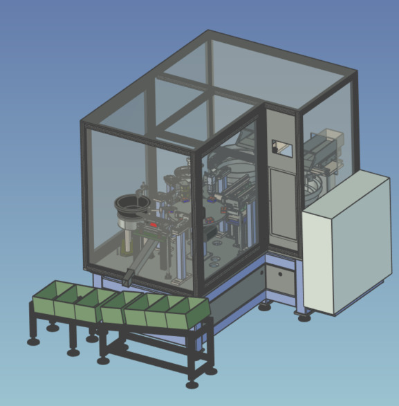 Model 3D automatycznej linii produkcyjnej z podajnikami w obudowie ochronnej, widok izometryczny.