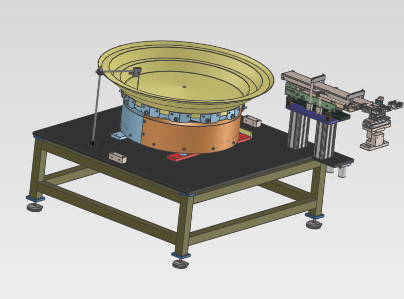 Wizualizacja 3D okrągłego elementu konstrukcyjnego z żółtym wnętrzem, umieszczonego na czarnym stole z metalową ramą, obok specjalistycznego urządzenia pomiarowego.