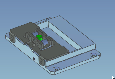 Model 3D elementu mechanicznego z zielonym bolcem, widok izometryczny na szarym tle.