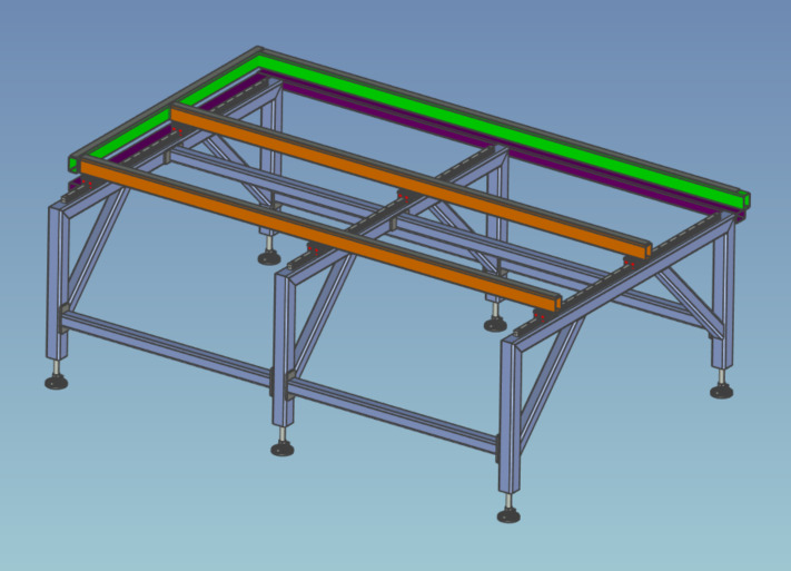 Wizualizacja 3D ramy stalowej stołu z regulowanymi nóżkami, z elementami w kolorze zielonym, fioletowym i pomarańczowym, na jednolitym niebieskim tle.