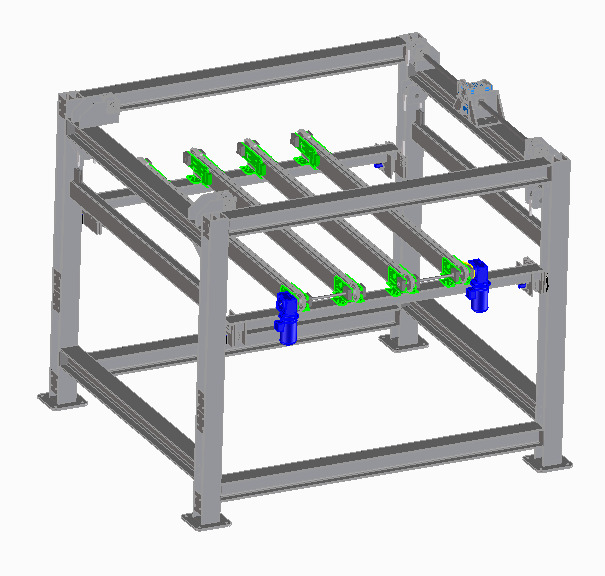 Model 3D stalowej ramy konstrukcyjnej z elementami w kolorze niebieskim i zielonym, widok z perspektywy.
