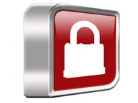 Stylizowana ikona kłódki w kolorze białym na czerwonym tle, z metalową ramką, sugerująca bezpieczeństwo danych lub systemów komputerowych.